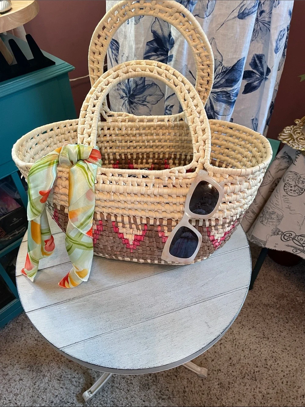 Woven Straw Tote Bag with Pink Accent and scarf